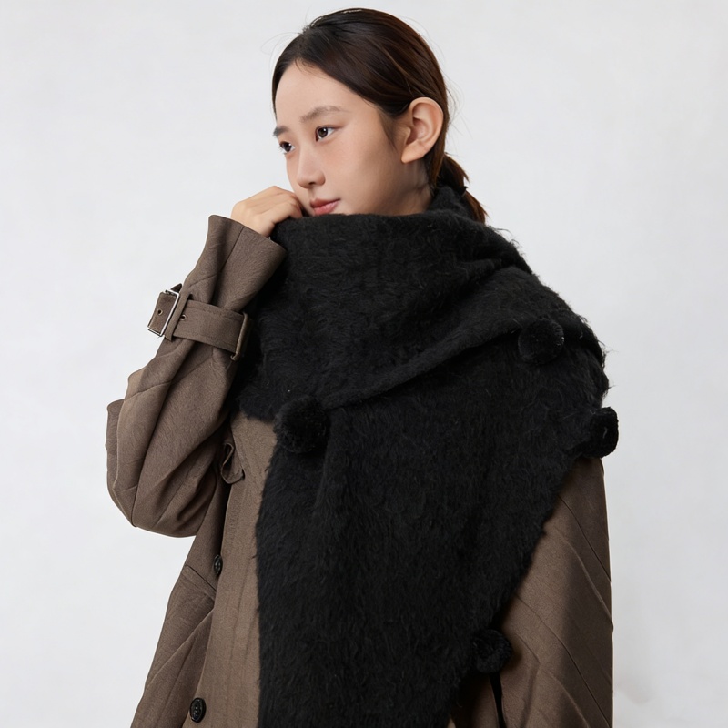 Wool Triangle Shawl Scarf with Pom Poms – Warm Knit Neck Wrap for Women - Image 4