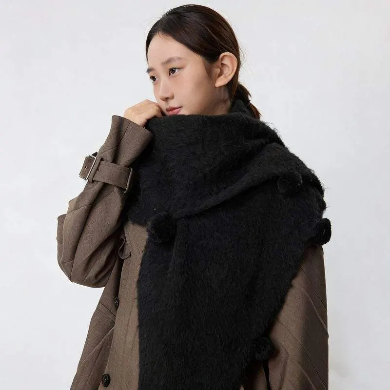 Wool Triangle Shawl Scarf with Pom Poms – Warm Knit Neck Wrap for Women - product detail image 1 by TRANSION