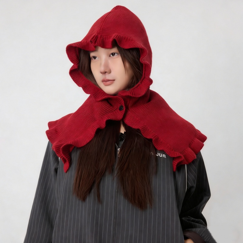 Wool Blend Ruffle Edge Hooded Scarf – Thick Knit Hat & Neck Warmer Set