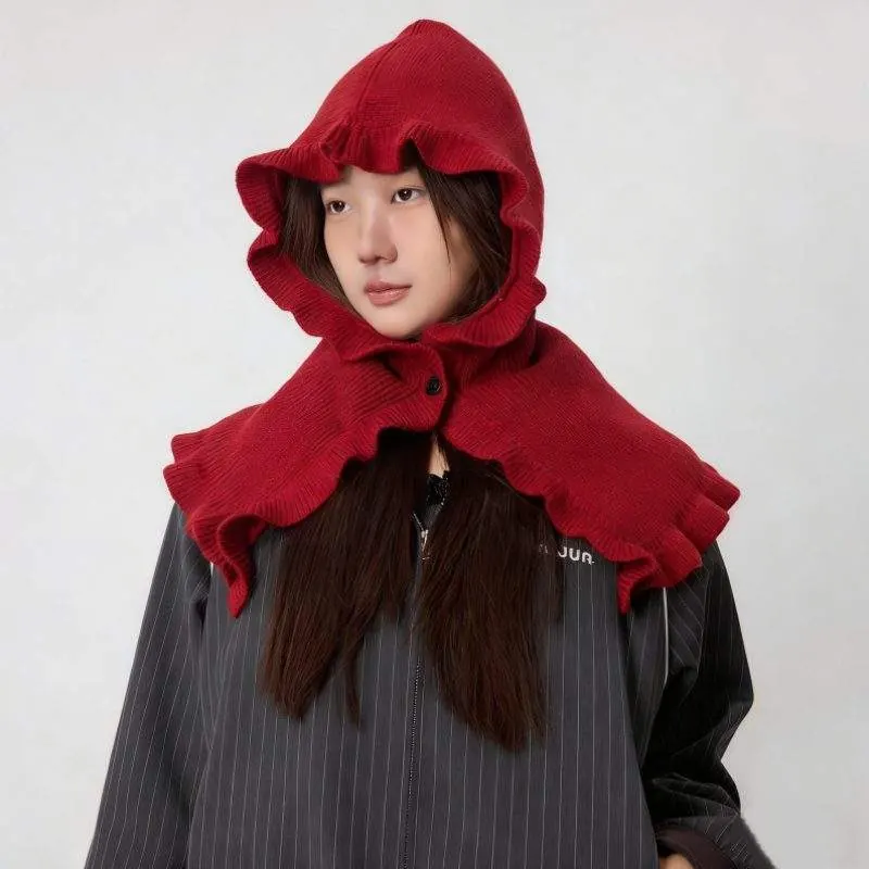 Wool Blend Ruffle Edge Hooded Scarf – Thick Knit Hat & Neck Warmer Set - custom OEM apparel by TRANSION