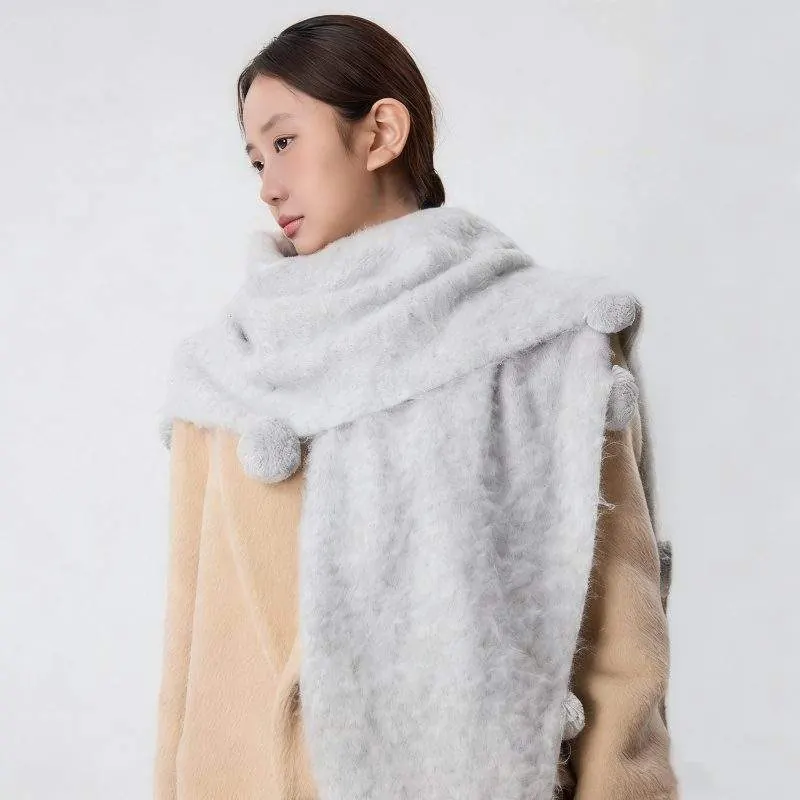 Wool Triangle Shawl Scarf with Pom Poms – Warm Knit Neck Wrap for Women - product detail image 2 by TRANSION