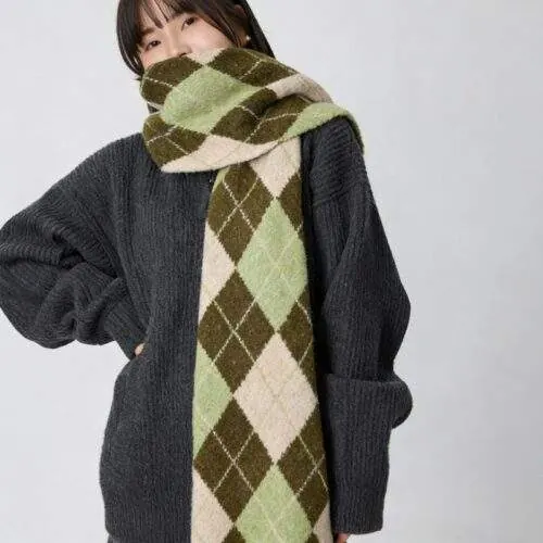 Wool Blend Diamond Pattern Color-Block Scarf – Thick Warm Knit Scarf for Fall & Winter - custom OEM apparel by TRANSION