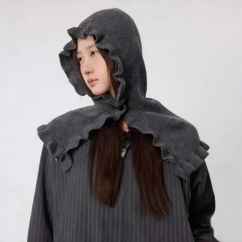 Wool Blend Ruffle Edge Hooded Scarf – Thick Knit Hat & Neck Warmer Set - product detail image 1 by TRANSION