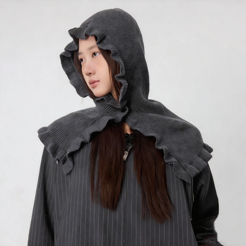 Wool Blend Ruffle Edge Hooded Scarf – Thick Knit Hat & Neck Warmer Set - Image 2
