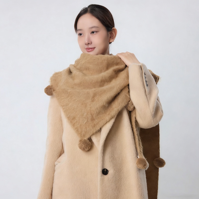 Wool Triangle Shawl Scarf with Pom Poms – Warm Knit Neck Wrap for Women - Image 2