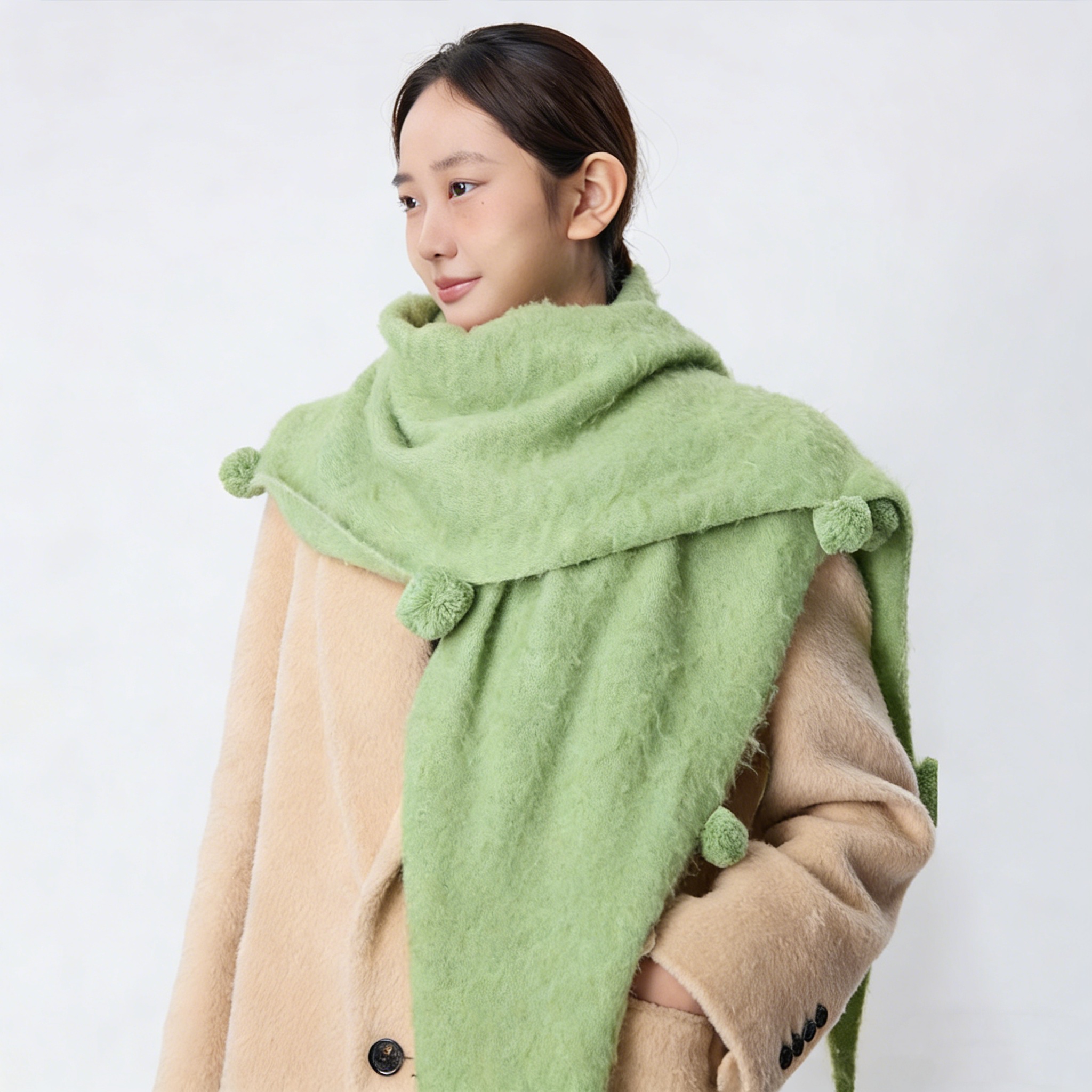 Wool Triangle Shawl Scarf with Pom Poms – Warm Knit Neck Wrap for Women