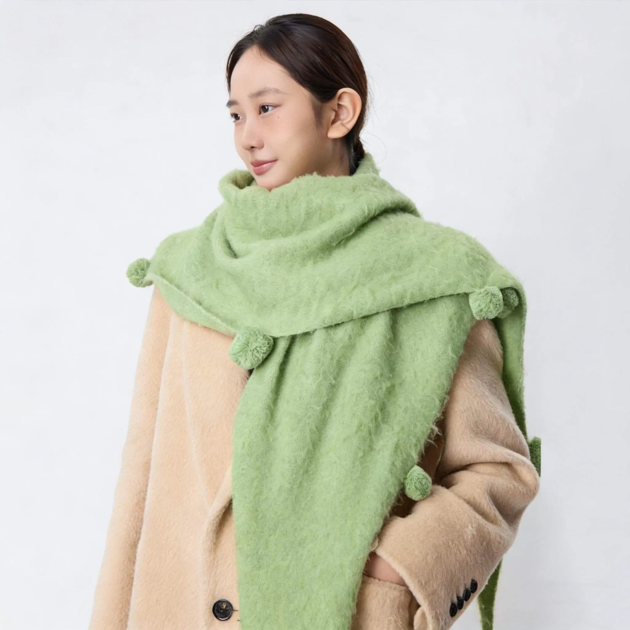 Wool Triangle Shawl Scarf with Pom Poms – Warm Knit Neck Wrap for Women - custom OEM apparel by TRANSION