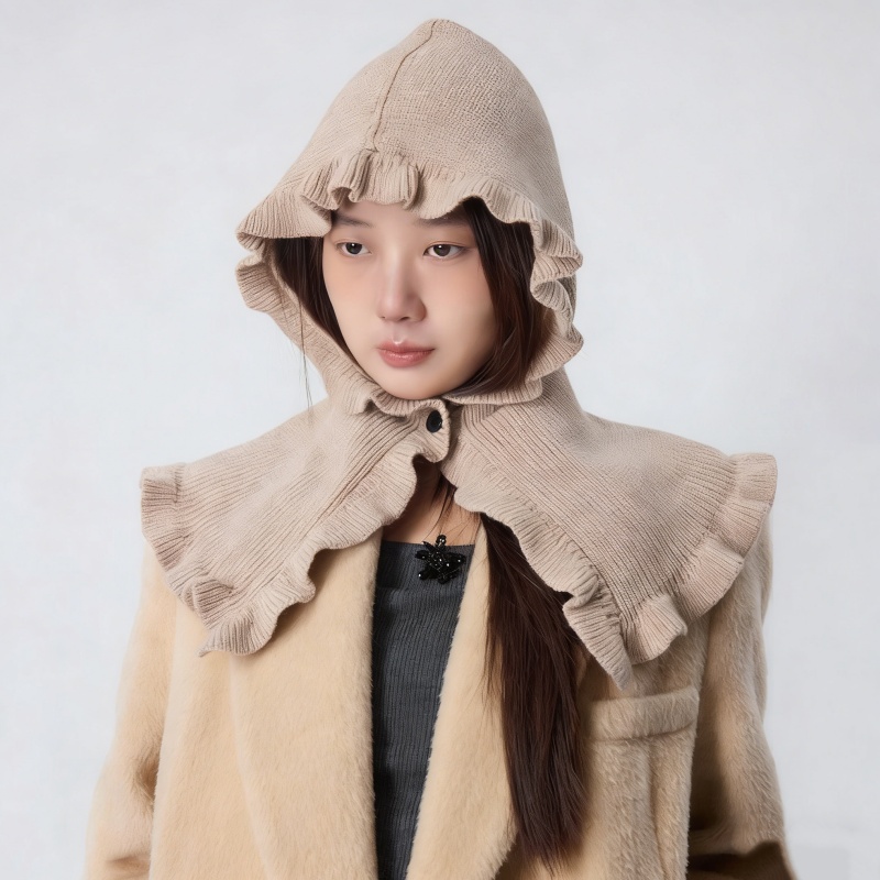 Wool Blend Ruffle Edge Hooded Scarf – Thick Knit Hat & Neck Warmer Set - Image 4