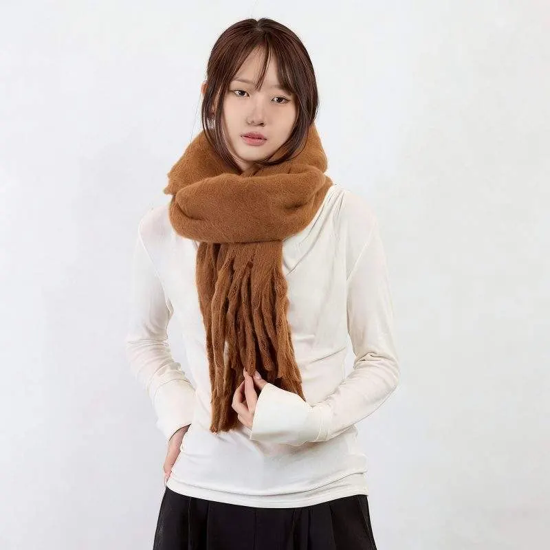 Solid Color Faux Cashmere Fringe Scarf – Warm Knit Scarf for Women - product detail image 1 by TRANSION