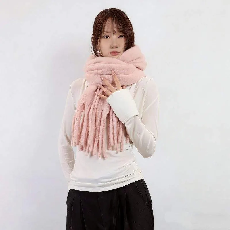Solid Color Faux Cashmere Fringe Scarf – Warm Knit Scarf for Women - product detail image 2 by TRANSION