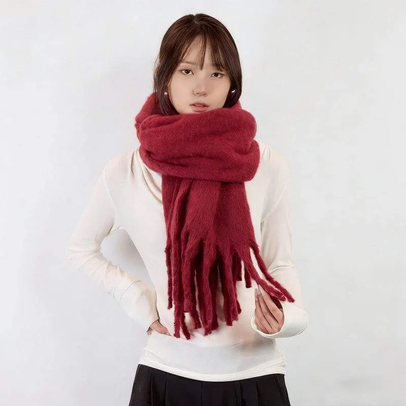 Solid Color Faux Cashmere Fringe Scarf – Warm Knit Scarf for Women - product detail image 3 by TRANSION