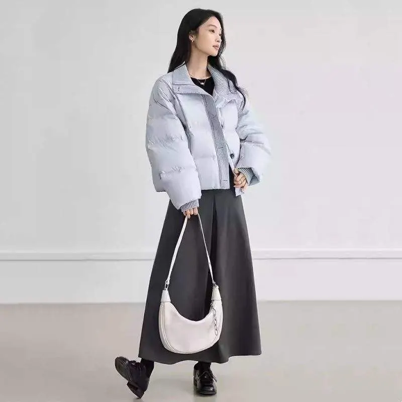 Women’s Short Down Jacket | 90% White Duck Down Knitted Patchwork Stand Collar Winter Coat - product detail image 3 by TRANSION