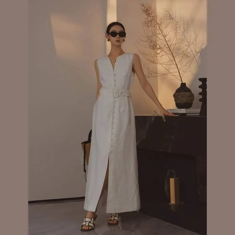 Minimalist Linen Maxi Dress for Women – High Waist Tie Sleeveless Side Slit Summer Dress - product detail image 4 by TRANSION