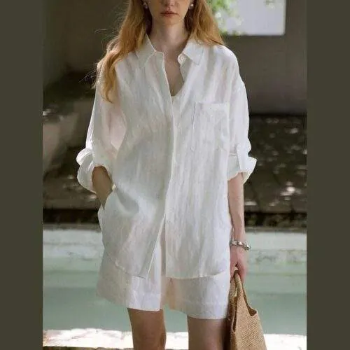 Solid Color Linen Oversized Shirt for Women – Loose Fit Casual Long Sleeve Top - custom OEM apparel by TRANSION