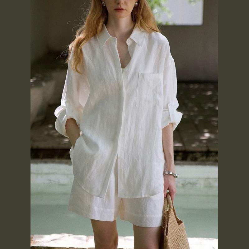 Solid Color Linen Oversized Shirt for Women – Loose Fit Casual Long Sleeve Top