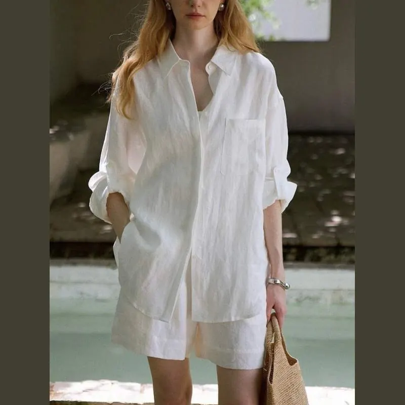 Solid Color Linen Oversized Shirt for Women – Loose Fit Casual Long Sleeve Top - custom OEM apparel by TRANSION