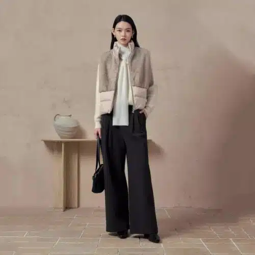 White Duck Down Eco Fur Patchwork Stand Collar Double-Zip Vest - product detail image 3 by TRANSION