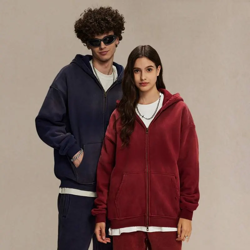 Winter Thick Washed Vintage Double Zip Hoodie - product detail image 2 by TRANSION