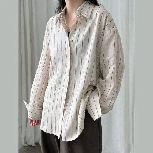 Striped Linen Long Sleeve Shirt for Women – Casual Loose Fit Breathable Blouse - custom OEM apparel by TRANSION