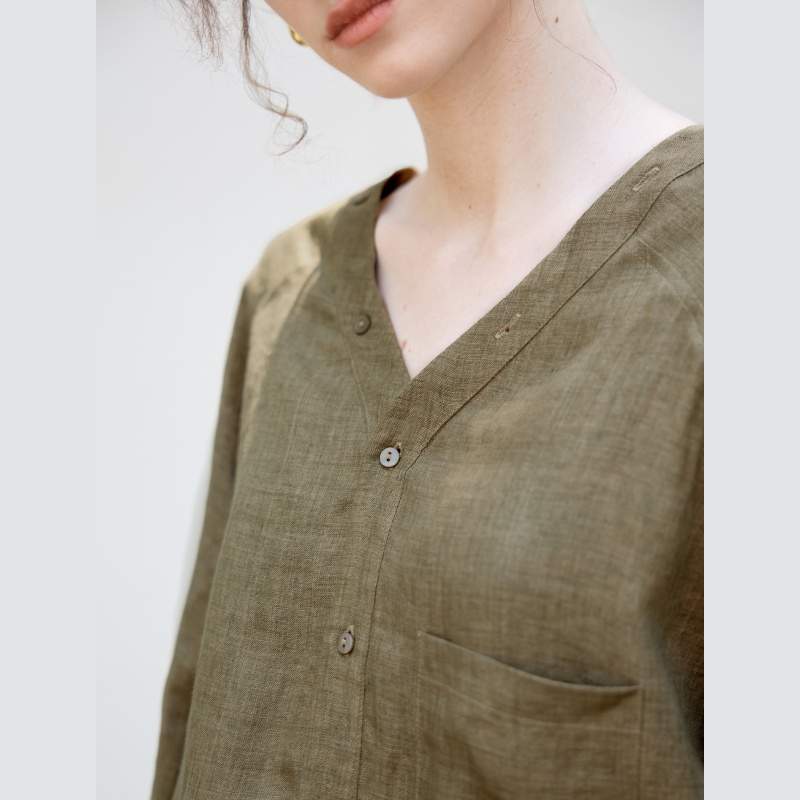 100% Linen V-Neck Raglan Sleeve Shirt for Women – Loose Cocoon Fit Long Sleeve Top - Image 5