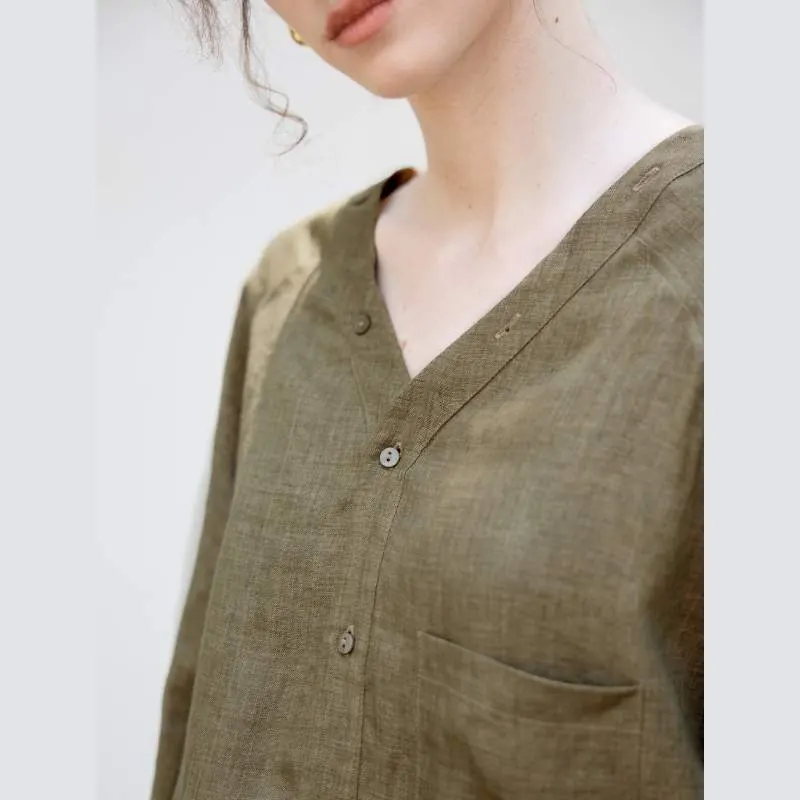 100% Linen V-Neck Raglan Sleeve Shirt for Women – Loose Cocoon Fit Long Sleeve Top - product detail image 4 by TRANSION