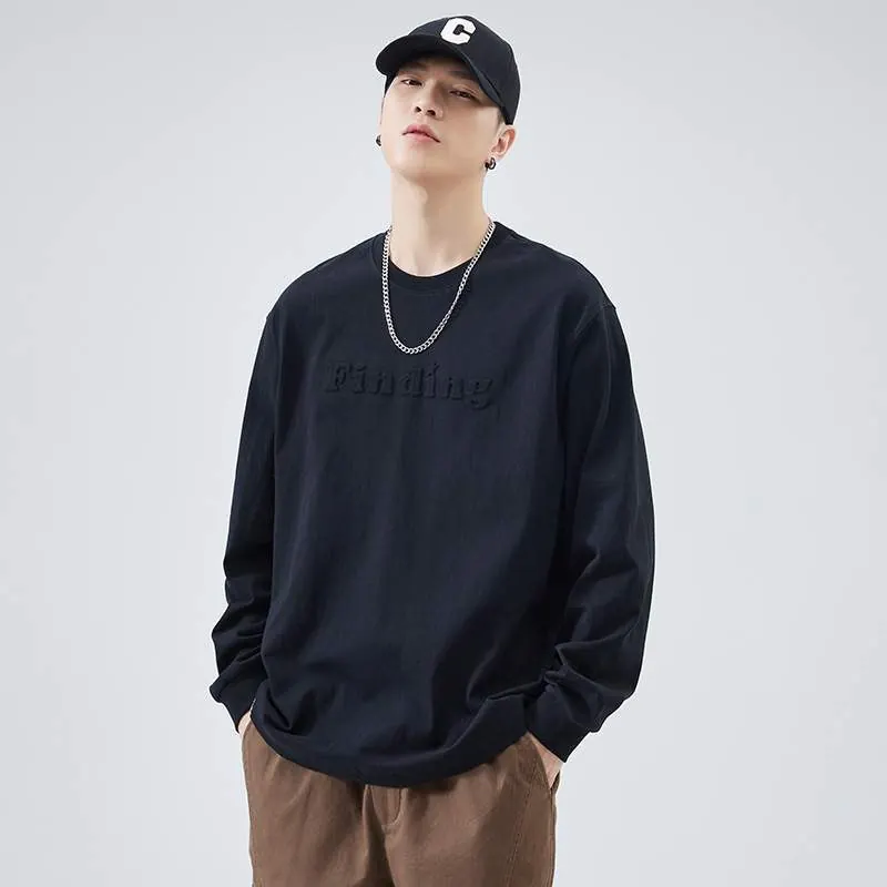 Heavyweight Cotton Long Sleeve T-Shirt – White Crew Neck Oversized Tee with Embossed Detail - product detail image 1 by TRANSION