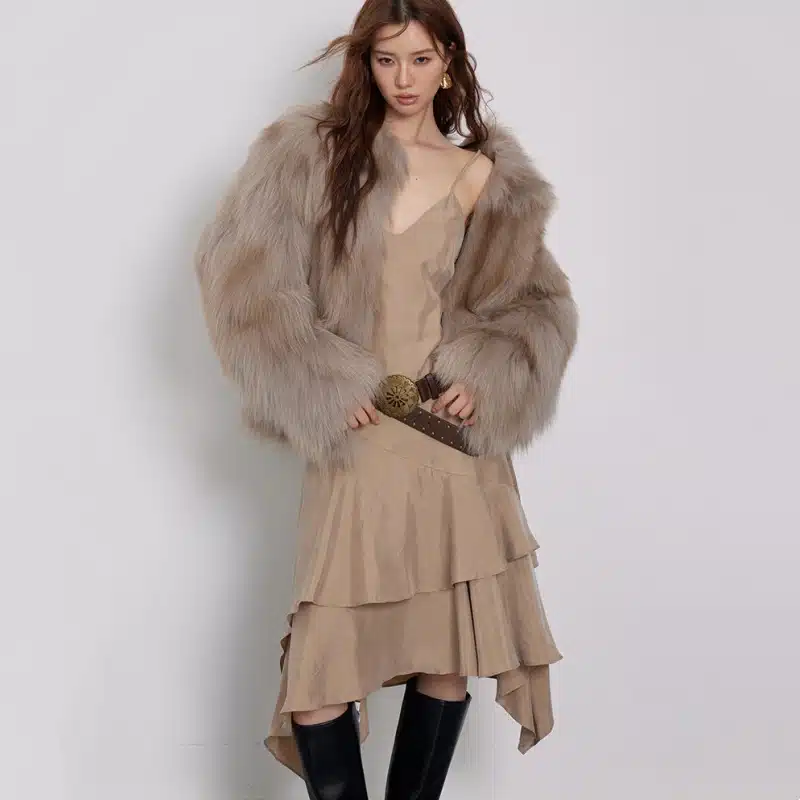 Women’s Fox Fur Stand Collar Short Coat - product detail image 1 by TRANSION