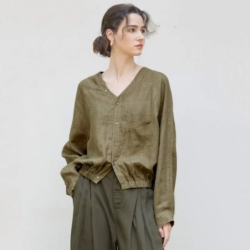 100% Linen V-Neck Raglan Sleeve Shirt for Women – Loose Cocoon Fit Long Sleeve Top - product detail image 2 by TRANSION