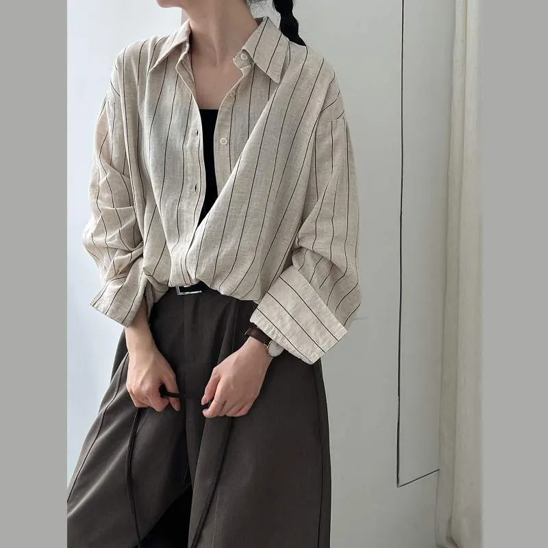 Striped Linen Long Sleeve Shirt for Women – Casual Loose Fit Breathable Blouse - product detail image 2 by TRANSION