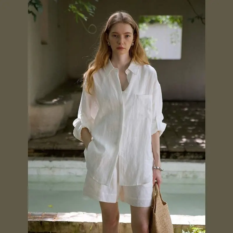 Solid Color Linen Oversized Shirt for Women – Loose Fit Casual Long Sleeve Top - product detail image 2 by TRANSION