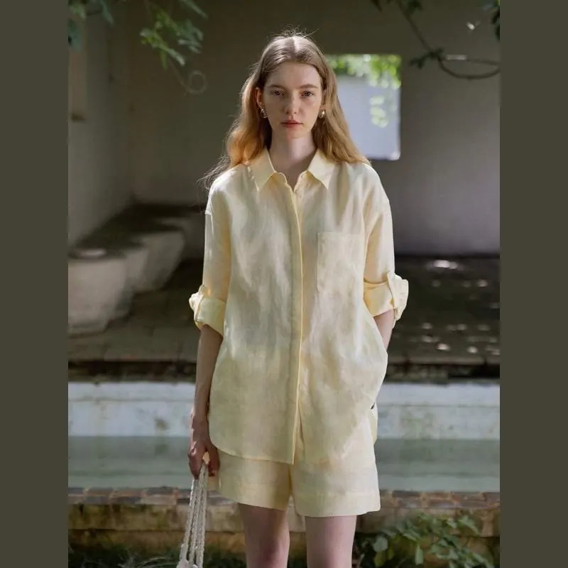 Solid Color Linen Oversized Shirt for Women – Loose Fit Casual Long Sleeve Top - product detail image 3 by TRANSION