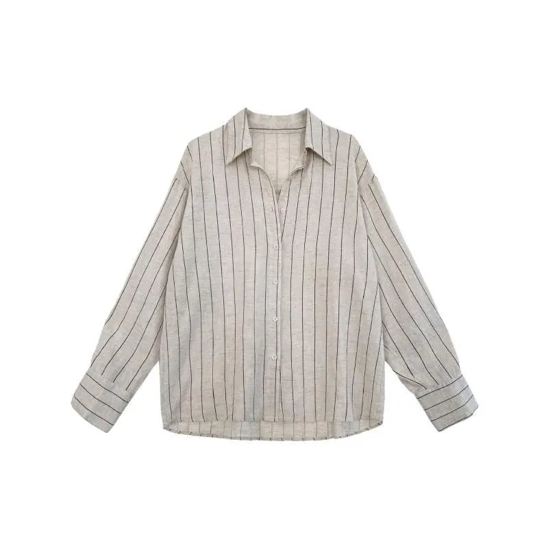 Striped Linen Long Sleeve Shirt for Women – Casual Loose Fit Breathable Blouse - product detail image 3 by TRANSION