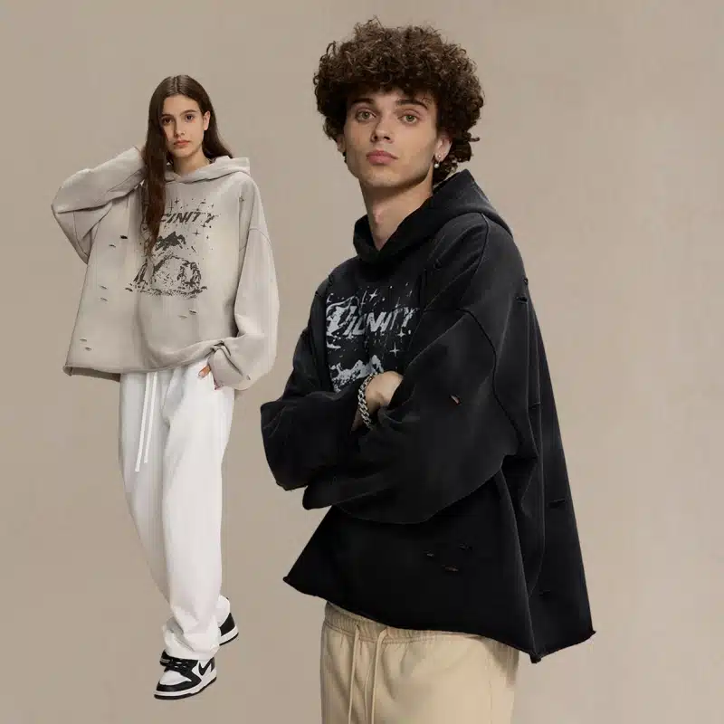 Autumn Distressed Printed Hoodie with Raw Edge – Vintage Streetwear Unisex Sweatshirt - product detail image 3 by TRANSION