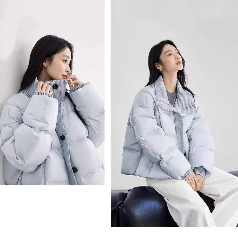 Women’s Short Down Jacket | 90% White Duck Down Knitted Patchwork Stand Collar Winter Coat - product detail image 1 by TRANSION