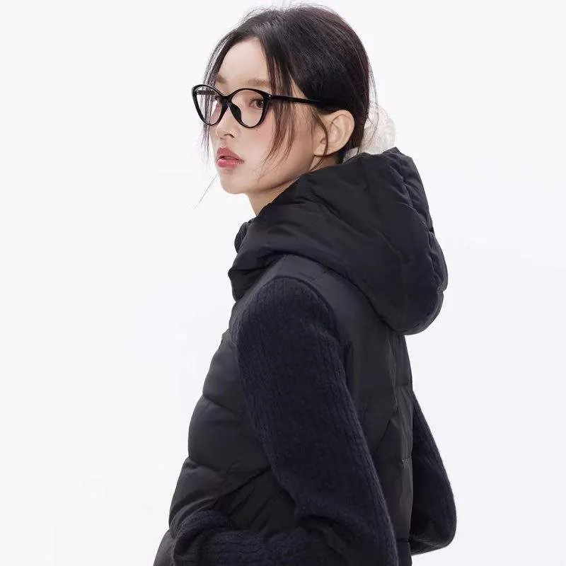 Lightweight Knitted Patchwork Slim Fit Down Jacket with Hood | 90% White Duck Down Winter Coat - product detail image 3 by TRANSION
