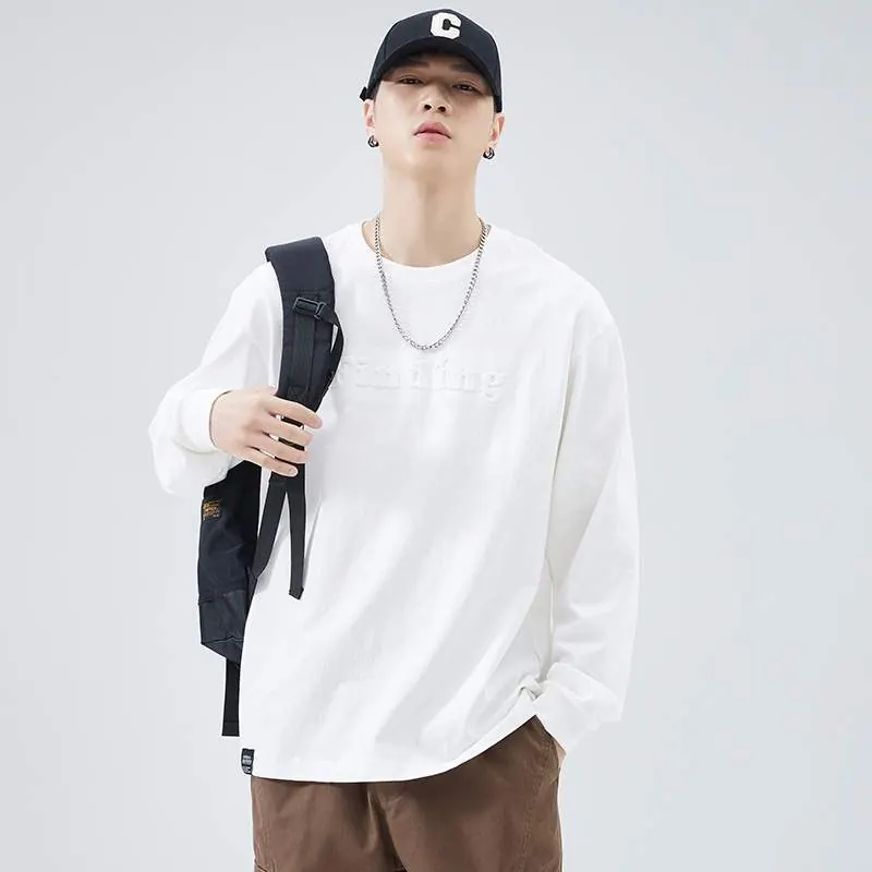 Heavyweight Cotton Long Sleeve T-Shirt – White Crew Neck Oversized Tee with Embossed Detail - product detail image 2 by TRANSION