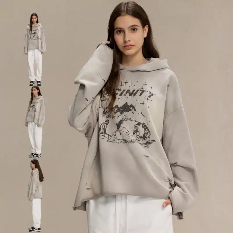 Autumn Distressed Printed Hoodie with Raw Edge – Vintage Streetwear Unisex Sweatshirt - custom OEM apparel by TRANSION
