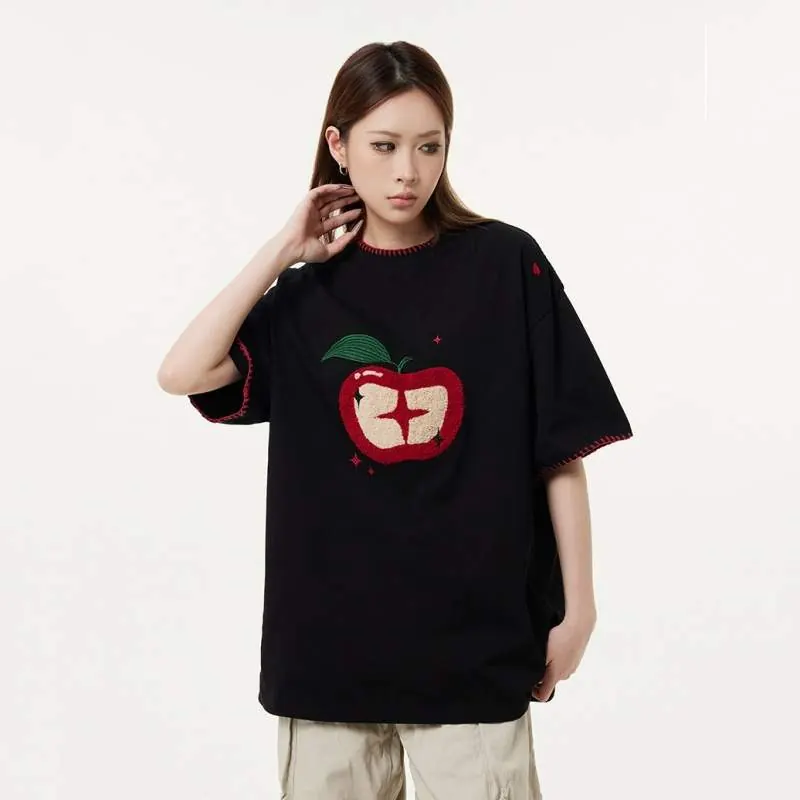 Terry Embroidered Short Sleeve T-Shirt – Loose Fit Casual Women’s Top - product detail image 3 by TRANSION