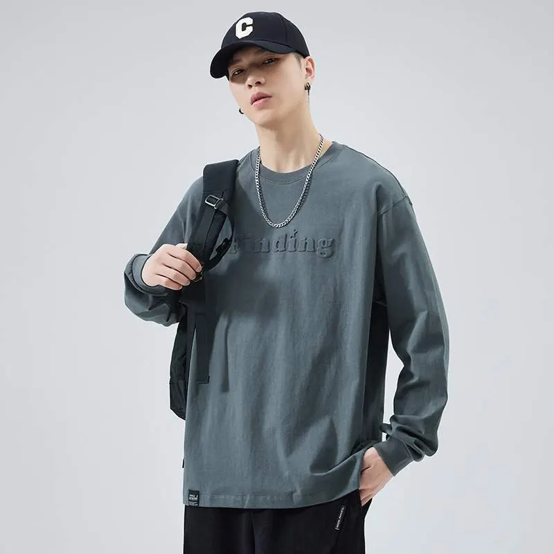 Heavyweight Cotton Long Sleeve T-Shirt – White Crew Neck Oversized Tee with Embossed Detail - product detail image 3 by TRANSION