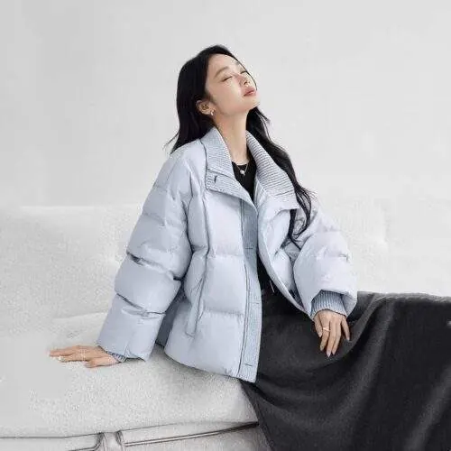 Women’s Short Down Jacket | 90% White Duck Down Knitted Patchwork Stand Collar Winter Coat - custom OEM apparel by TRANSION