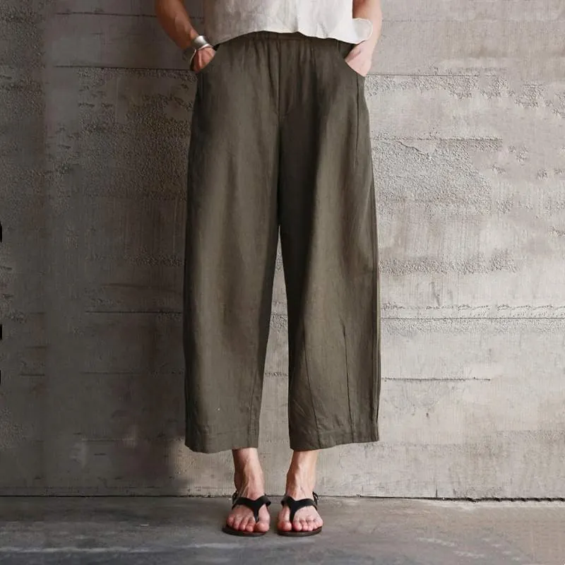 100% Linen Straight Leg Pants for Women – Elastic Waist Loose Fit Casual Trousers - product detail image 4 by TRANSION