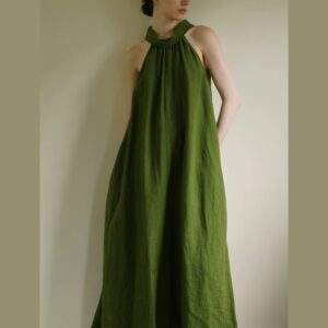 Washed Textured Linen Halter Dress for Women – Sleeveless Summer Maxi Dress