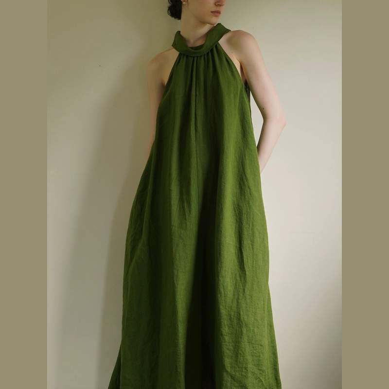 Washed Textured Linen Halter Dress for Women – Sleeveless Summer Maxi Dress