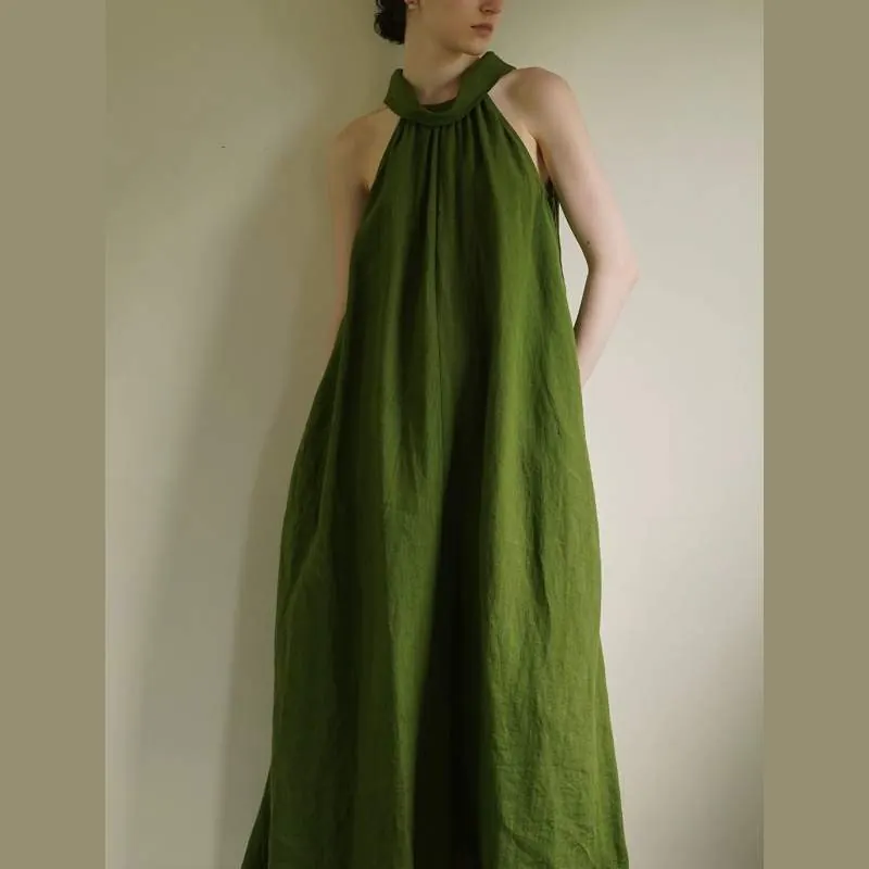 Washed Textured Linen Halter Dress for Women – Sleeveless Summer Maxi Dress - custom OEM apparel by TRANSION