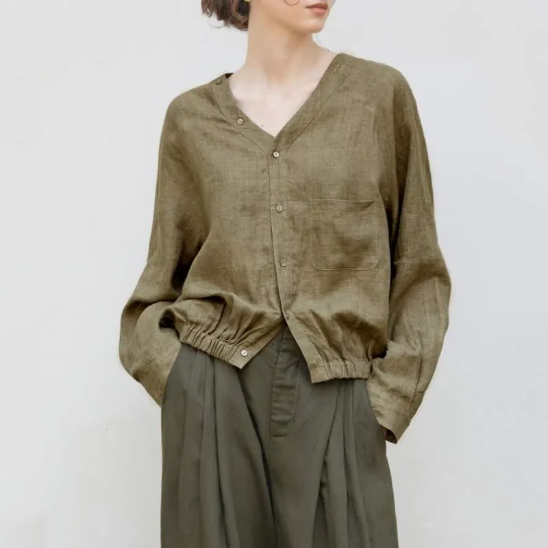 100% Linen V-Neck Raglan Sleeve Shirt for Women – Loose Cocoon Fit Long Sleeve Top - custom OEM apparel by TRANSION