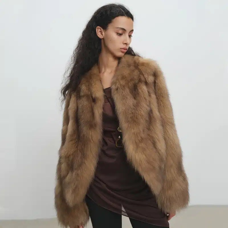 Women’s Faux Fox Fur V-Neck Short Coat - product detail image 3 by TRANSION