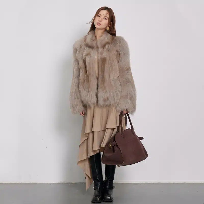 Women’s Fox Fur Stand Collar Short Coat - product detail image 2 by TRANSION