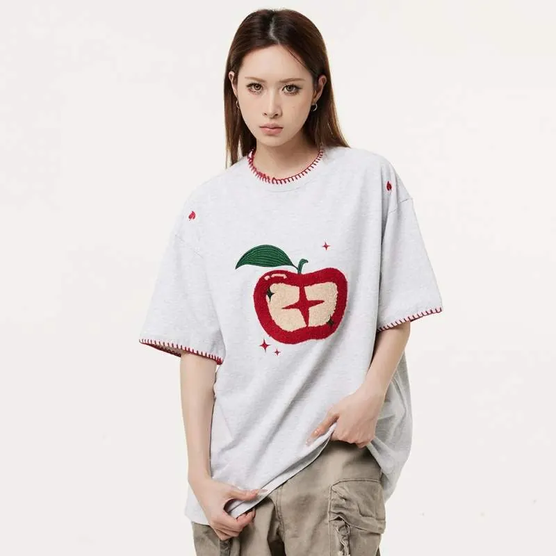 Terry Embroidered Short Sleeve T-Shirt – Loose Fit Casual Women’s Top - product detail image 1 by TRANSION