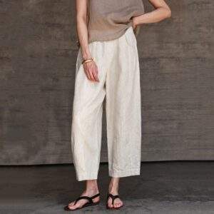 100% Linen Straight Leg Pants for Women – Elastic Waist Loose Fit Casual Trousers