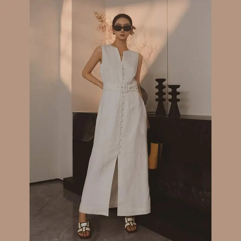 Minimalist Linen Maxi Dress for Women – High Waist Tie Sleeveless Side Slit Summer Dress - product detail image 1 by TRANSION